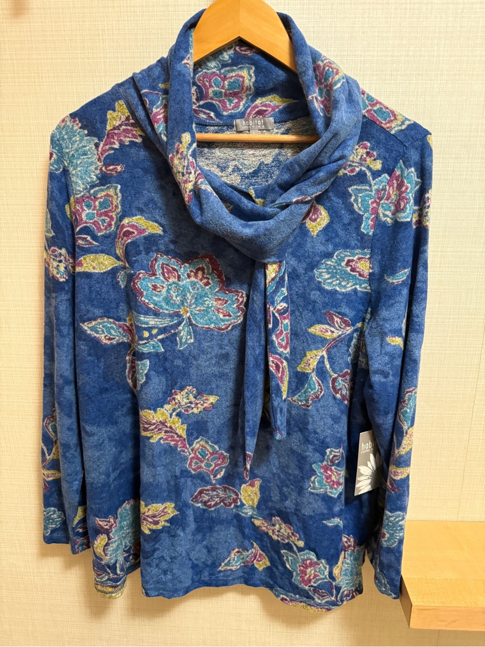 Habitat Cowl Neck Floral Knit Top NWT Large Blue Tunic